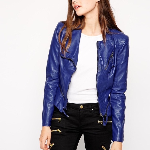 faux leather jacket blue